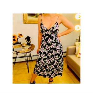 Wild Fable Purple Green Floral Black Mid Dress M